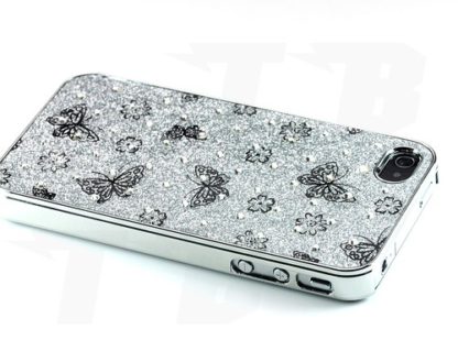 Schutzhülle für Iphone 4 Schmetterlinge Silber Glanz Glitter Diamant