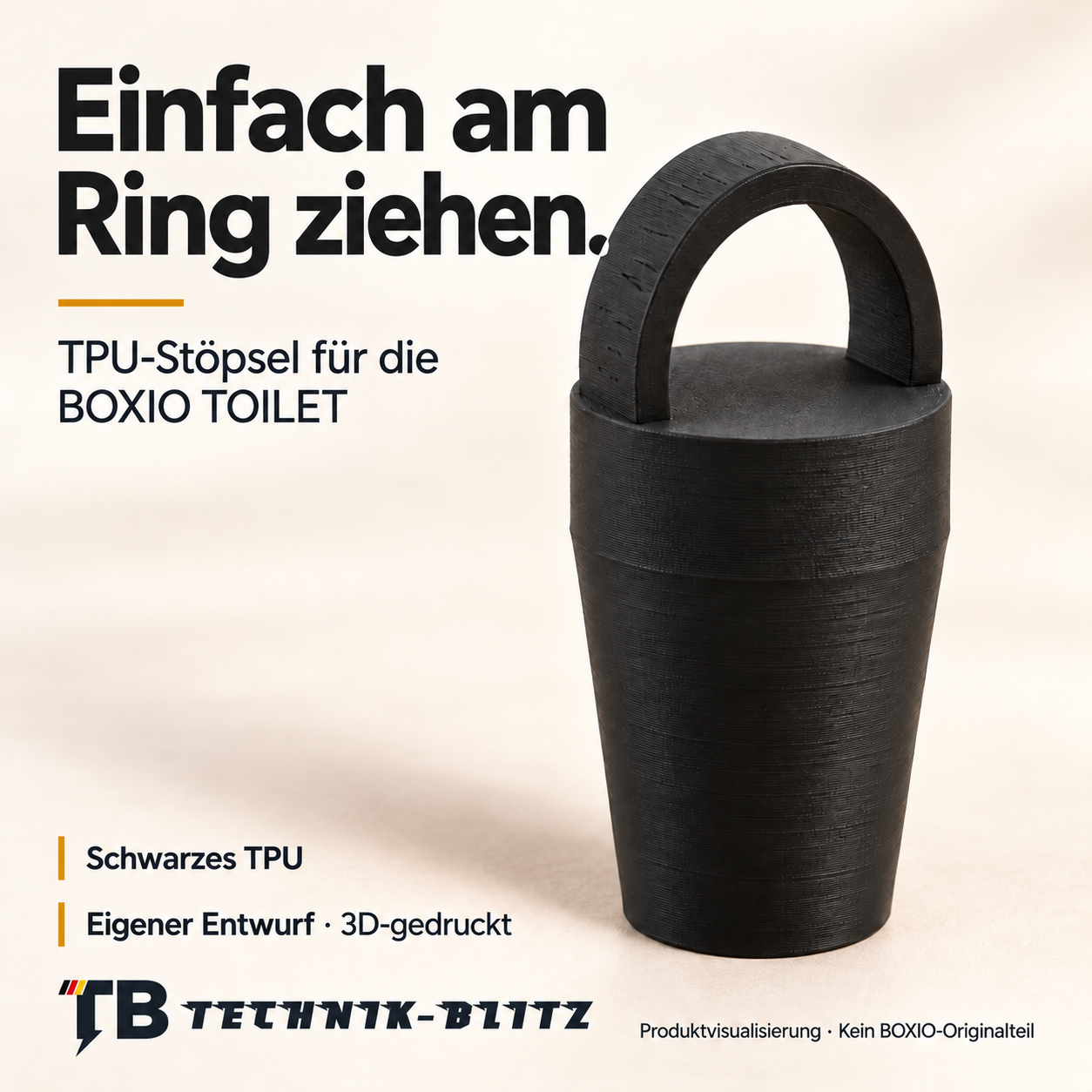 Schwarzer TPU-Stöpsel mit Ringgriff für BOXIO TOILET – Produktvisualisierung mit Technik-Blitz-Logo.