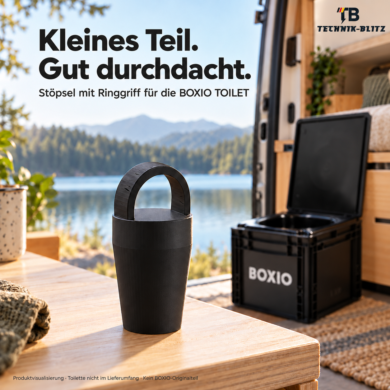 TPU-Stöpsel mit Ringgriff im Camper – Produktvisualisierung mit Technik-Blitz-Logo in Superheterodyne.